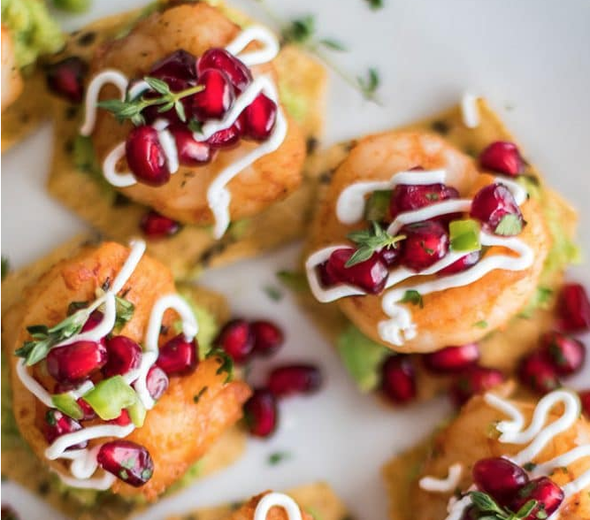 Mini Shrimp Tostadas with Pomegranate Salsa