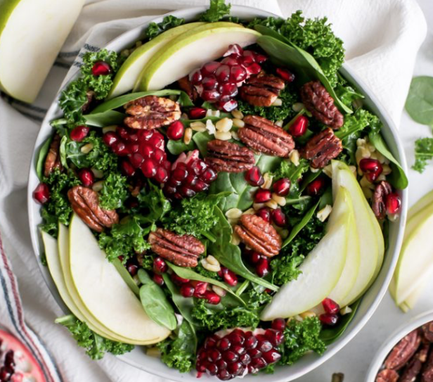 Pomegranate Pear Salad with Candied Pecans and Orange Poppy Seed Dressing