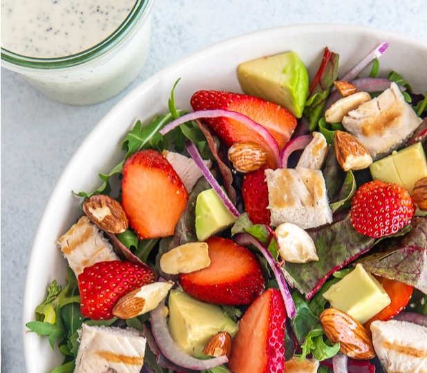 Healthy Strawberry Chicken Salad With Almonds & Poppyseed Dressing