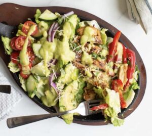 GRILLED FAJITA CHICKEN SALAD WITH AVOCADO LIME DRESSING